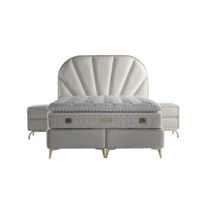 Lunessa sänkypaketti 160x200 vaalea verhoiltu parisänky säilytystilalla ja pehmustetulla päädyllä