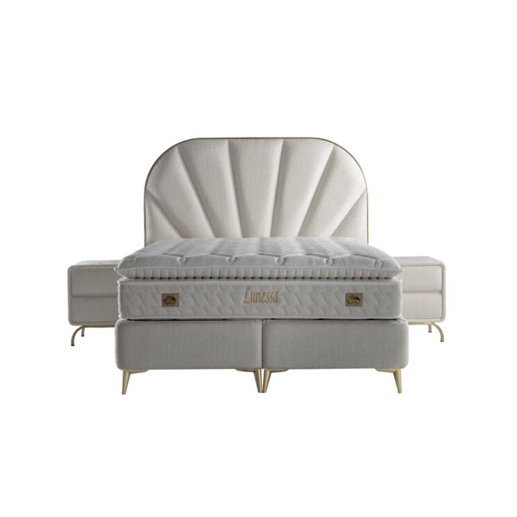 Lunessa sänkypaketti 160x200 vaalea verhoiltu parisänky säilytystilalla ja pehmustetulla päädyllä